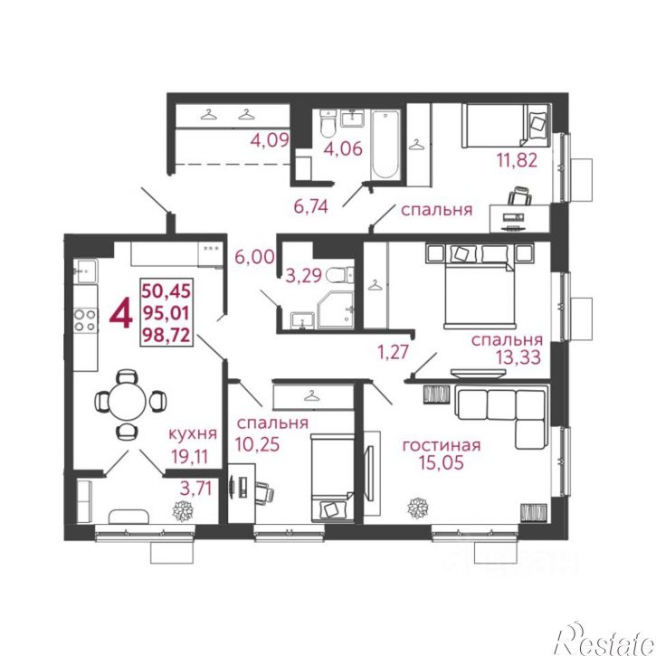 4-комн квартира в новом доме улица Баталина