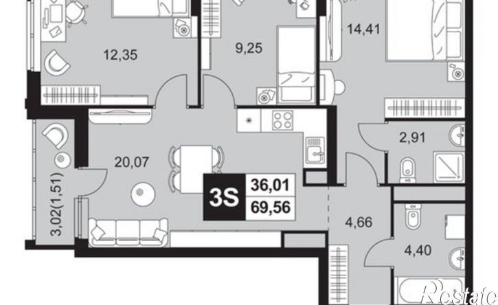3-комн квартира в новом доме Тепличная улица, 1А,  д. 1А