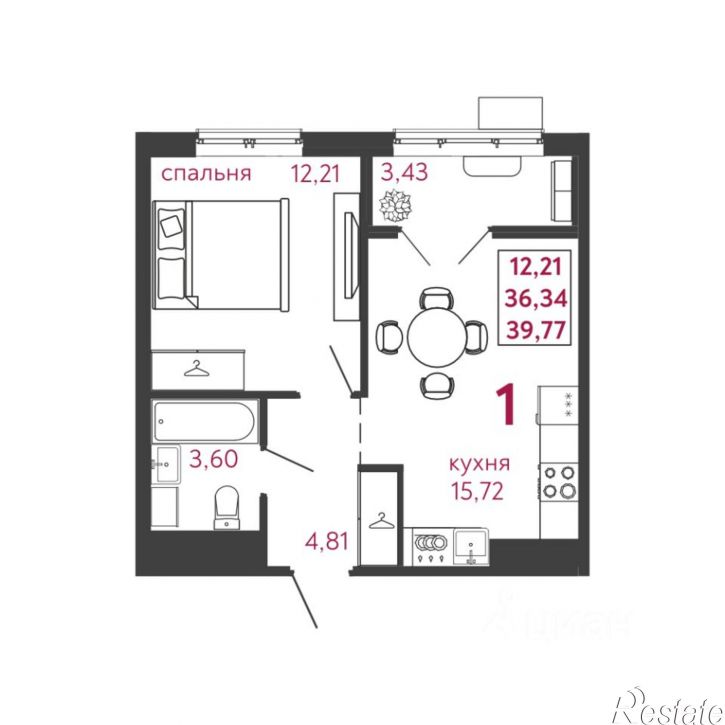 1-комн квартира в новом доме улица Баталина