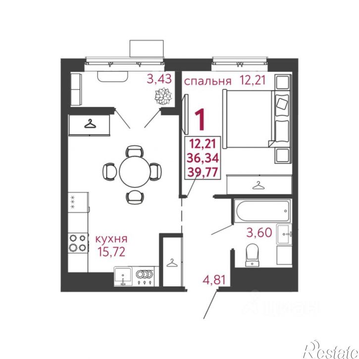 1-комн квартира в новом доме улица Баталина