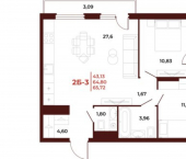 2-комн, 66 кв м, этаж 8/18 ул Бородина, 2А