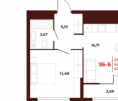 1-комн, 43 кв м, этаж 16/18 ул Бородина, 2А