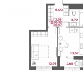 1-комн, 36 кв м, этаж 9/14 улица Пожарского, 6