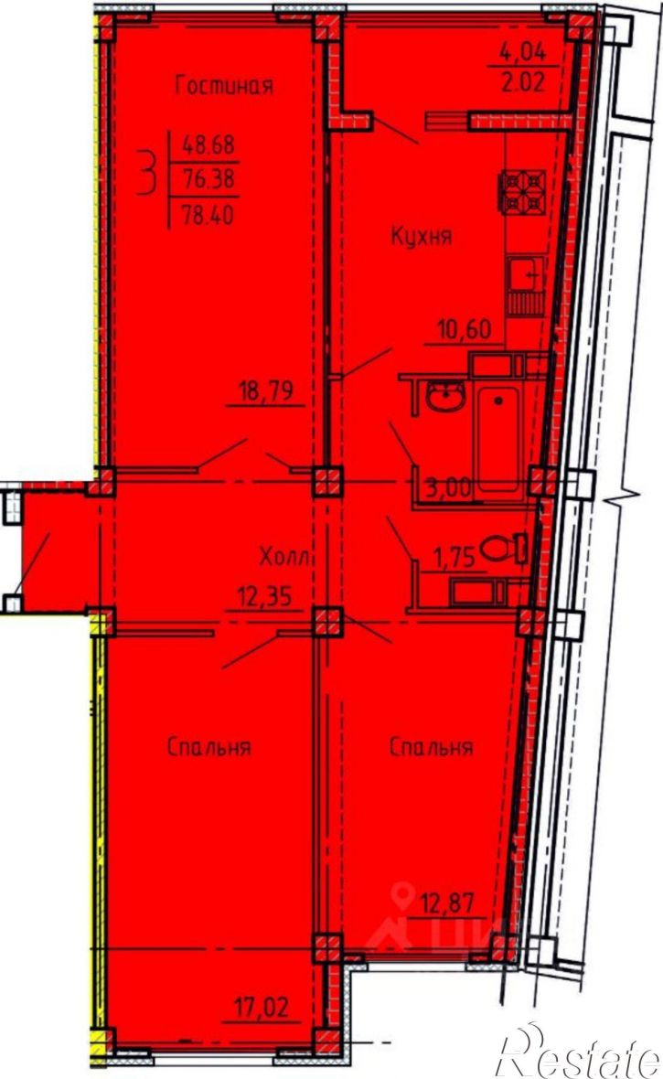3-комн квартира в новом доме улица Генерала Глазунова, 6