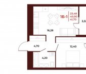 1-комн, 42 кв м, этаж 18/18 ул Бородина, 2А