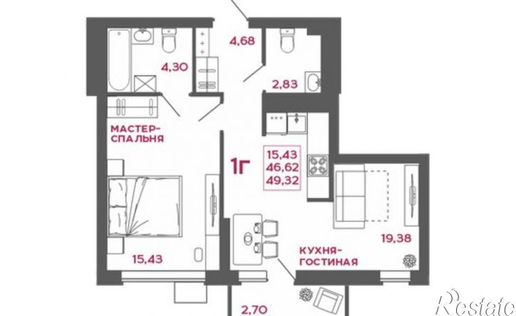 1-комн квартира ЖК Микрорайон Новобережье