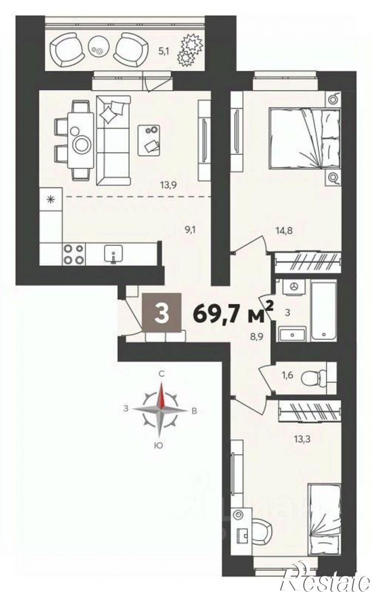 3-комн квартира в новом доме ул Крупской, 8,  д. 8